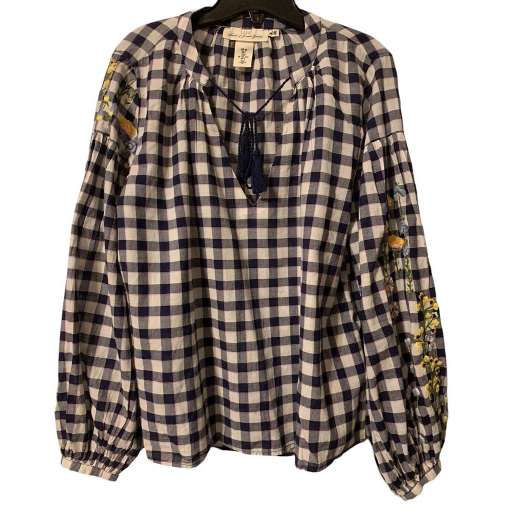 H & M Cotton Peasant Top Womans V Neck Embroidered V Neck Long Sleeve Size 6